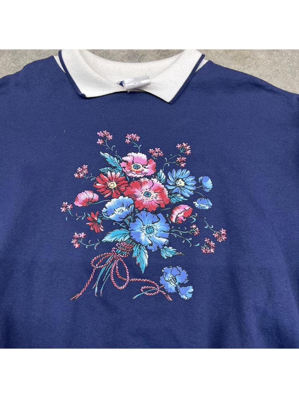 vintage navy flower art collared crewneck size xl WOMENS - Picture 2 of 3